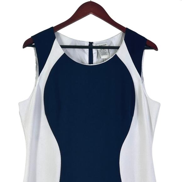 J Peterman Sleeveless Mini Sheath Dress in Navy Blue White Colorblock - Picture 2 of 5